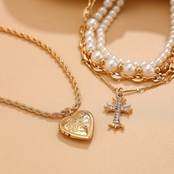 Layered Pearl & Gold Pendant Necklace Set – Cross & Heart Charms