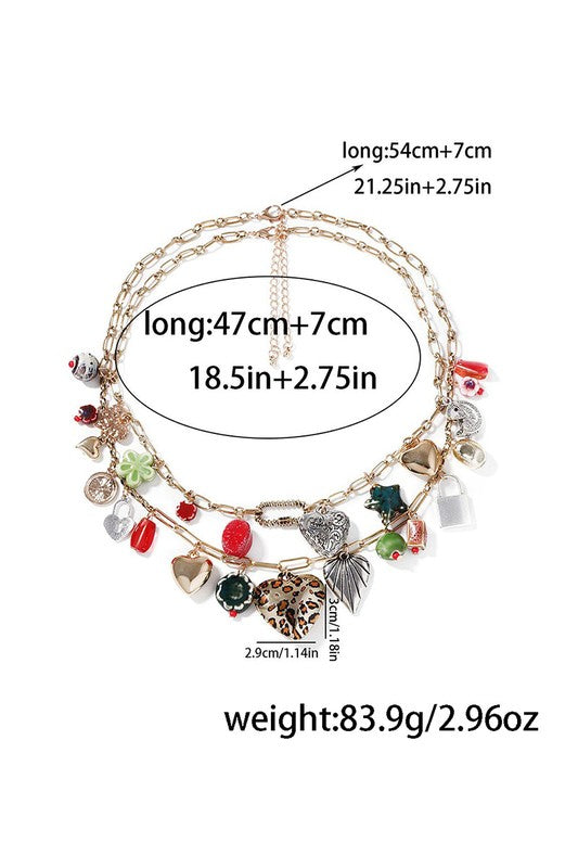 Multi-Charm Gold Layered Necklace – Heart, Floral & Lock Accents