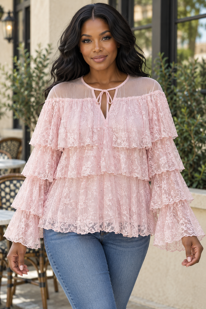 Tiered Lace Ruffle Blouse – Blush Pink Sheer Yoke Long Bell Sleeve Boho Top