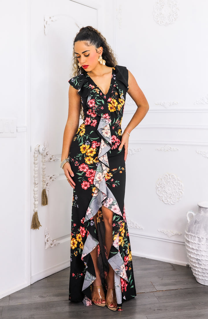 Two-Way Black Floral Ruffle Maxi Dress | SurelyMine
