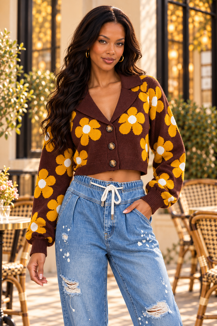 Retro Daisy Knit Cardigan – Brown Yellow Floral Cropped Sweater