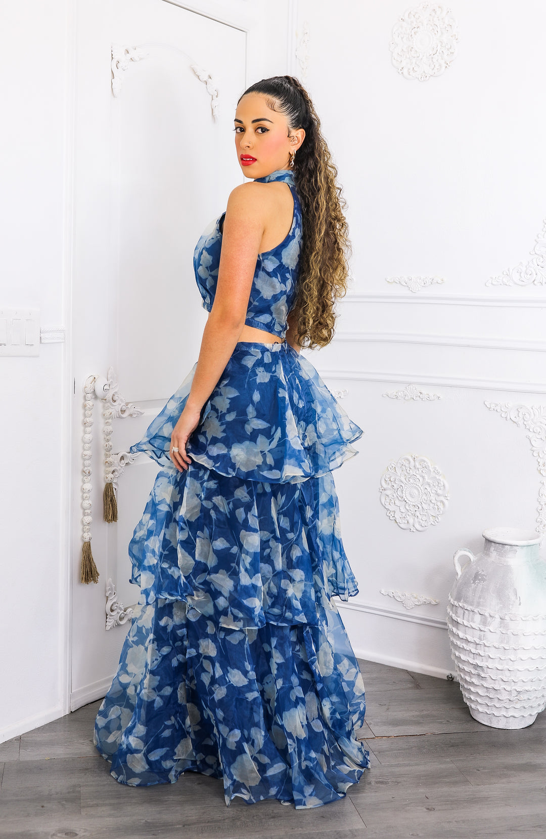 Blue Tiered Ruffle Two-Piece Set – Halter Crop Top & Maxi Skirt