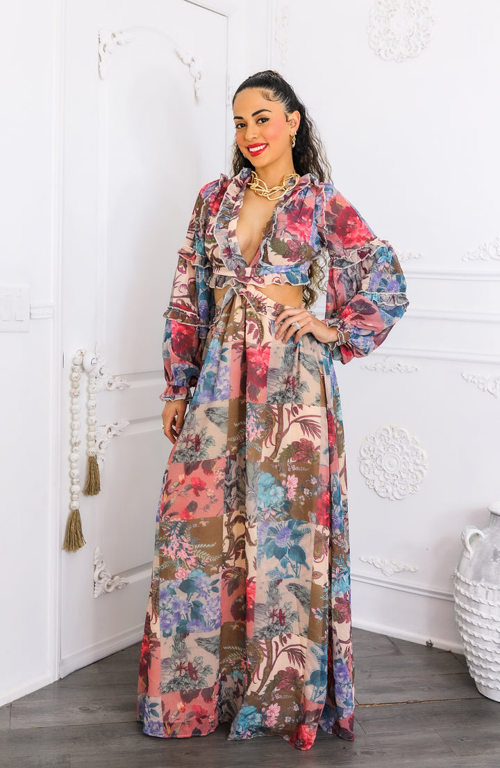 Patchwork Floral Maxi Dress – Plunge Ruffle Cutout Style