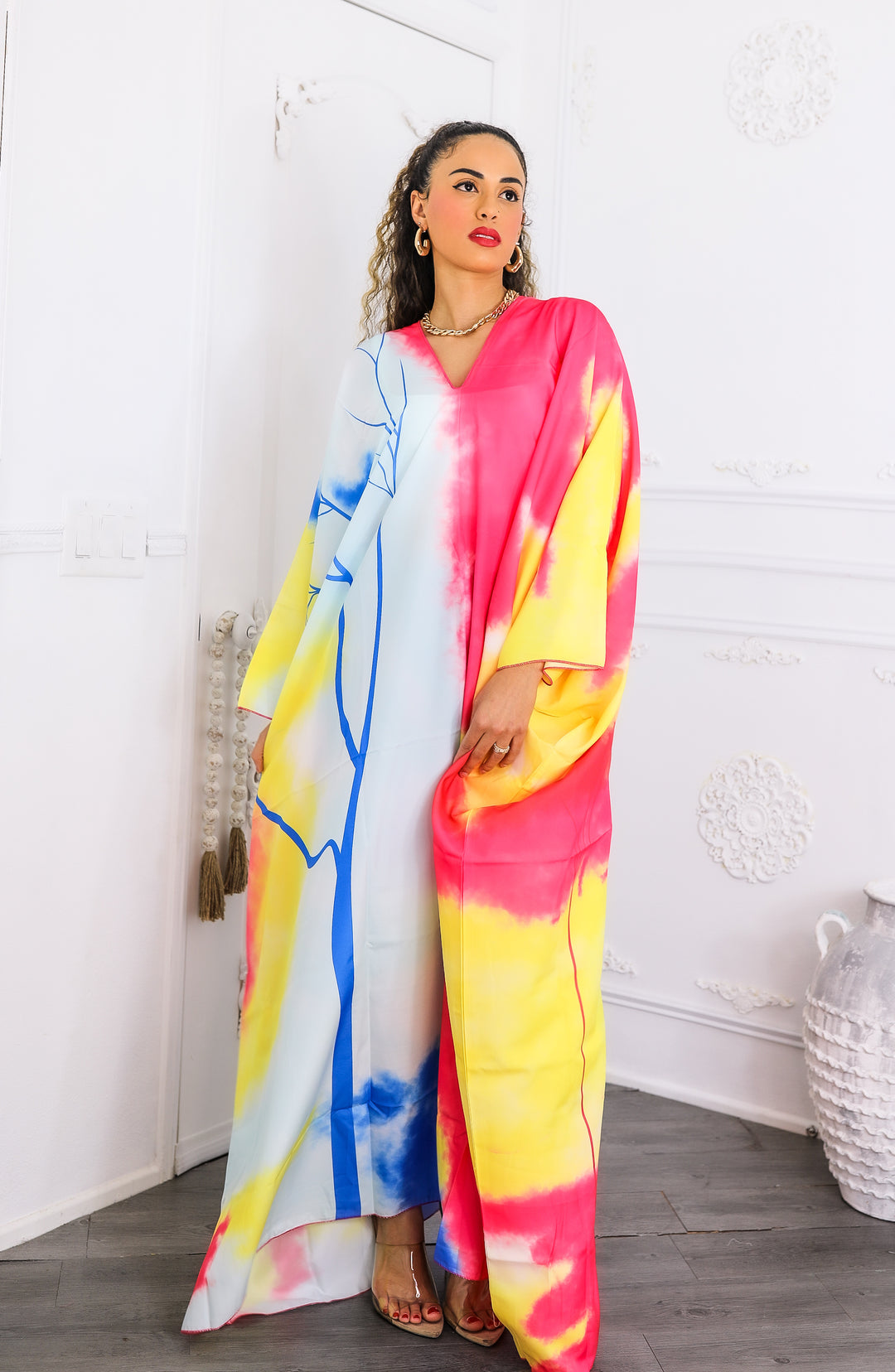 Colorburst Abstract Kimono Maxi Dress – Flowy V-Neck Style