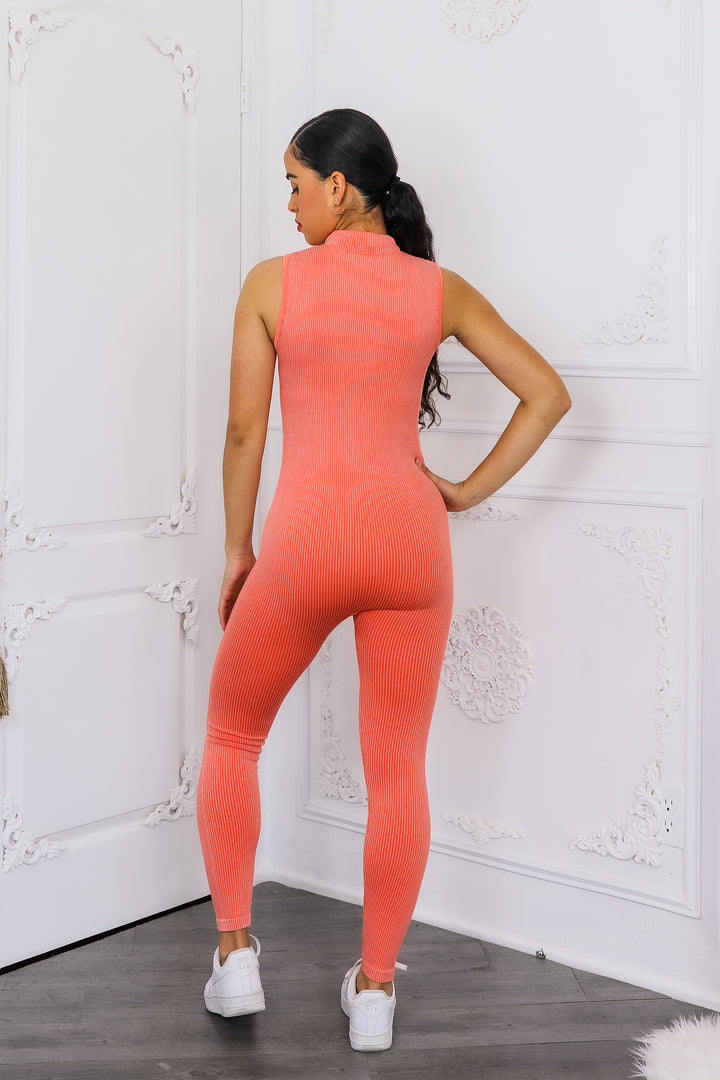 Mineral Wash Front Zipper Snatched Jumpsuit