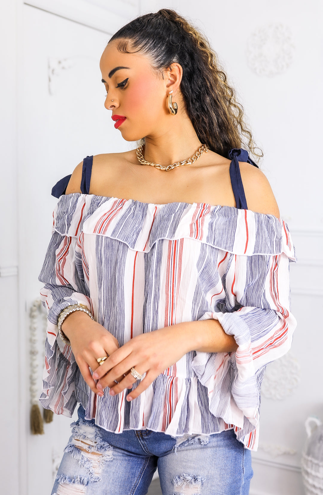 Striped Off-Shoulder Ruffle Blouse with Tie Straps