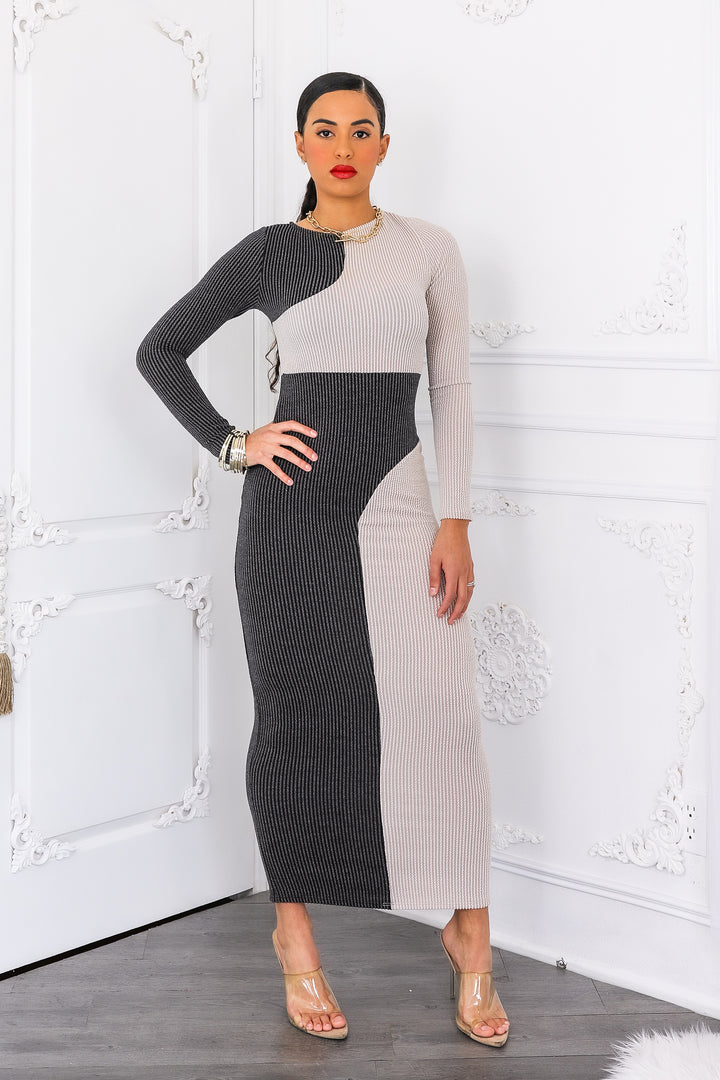 Hard To Forget Color Block Ribbed Bodycon Long Dress