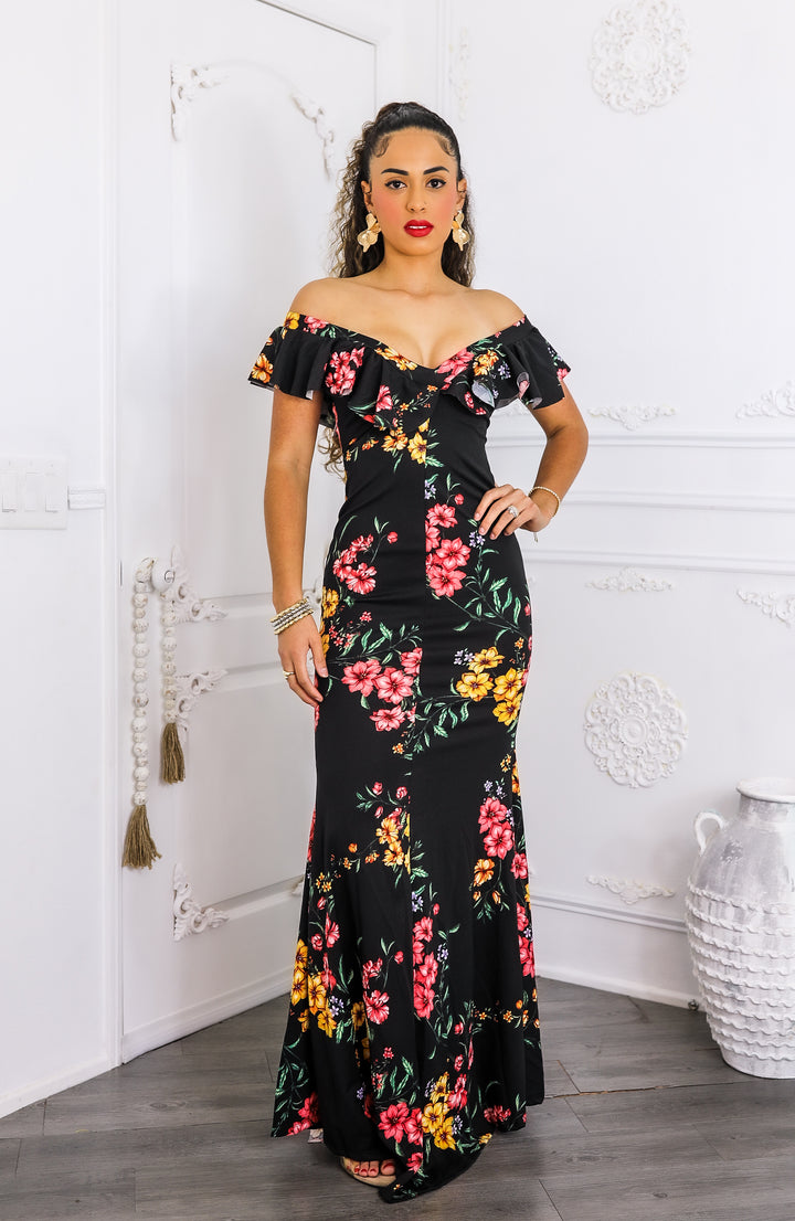 Two-Way Black Floral Ruffle Maxi Dress | SurelyMine