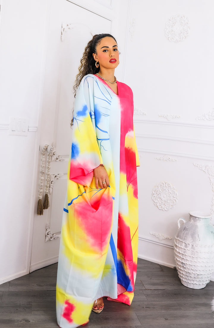 Colorburst Abstract Kimono Maxi Dress – Flowy V-Neck Style