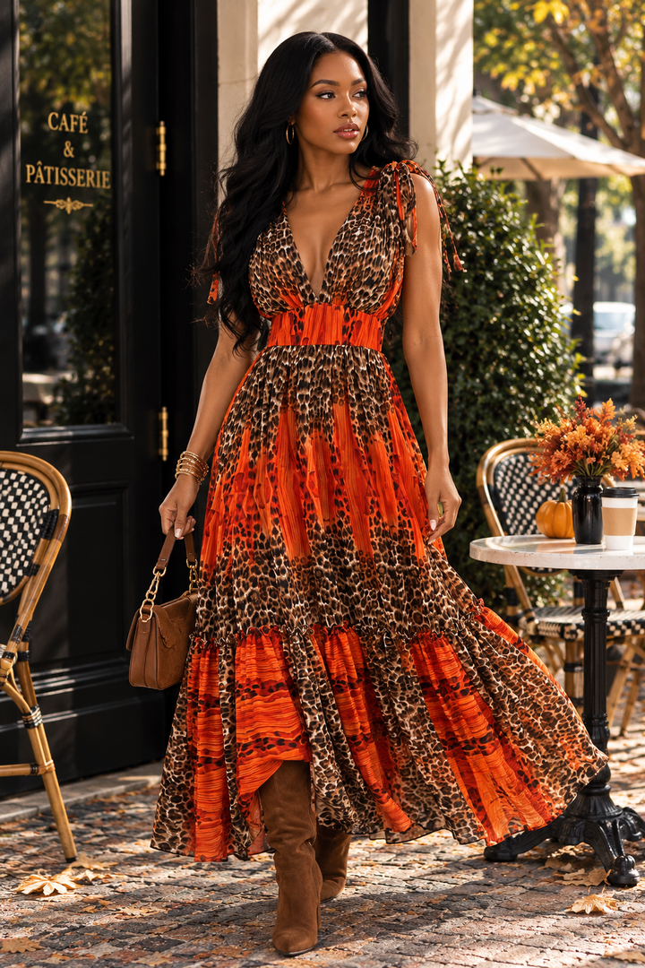 Rust Animal Print Dolman Sleeve Maxi Dress | Convertible Long-to-Sleeveless Tiered Dress