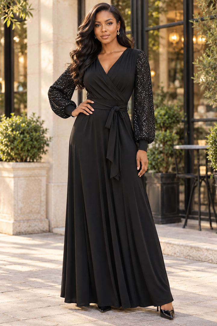 Sequin Balloon Sleeve Wrap Maxi Dress – Black Holiday Party Dress