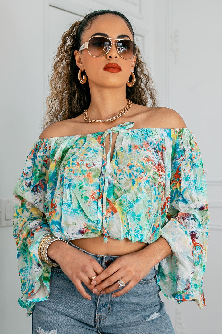 Whimsical Garden Off-Shoulder Chiffon Blouse