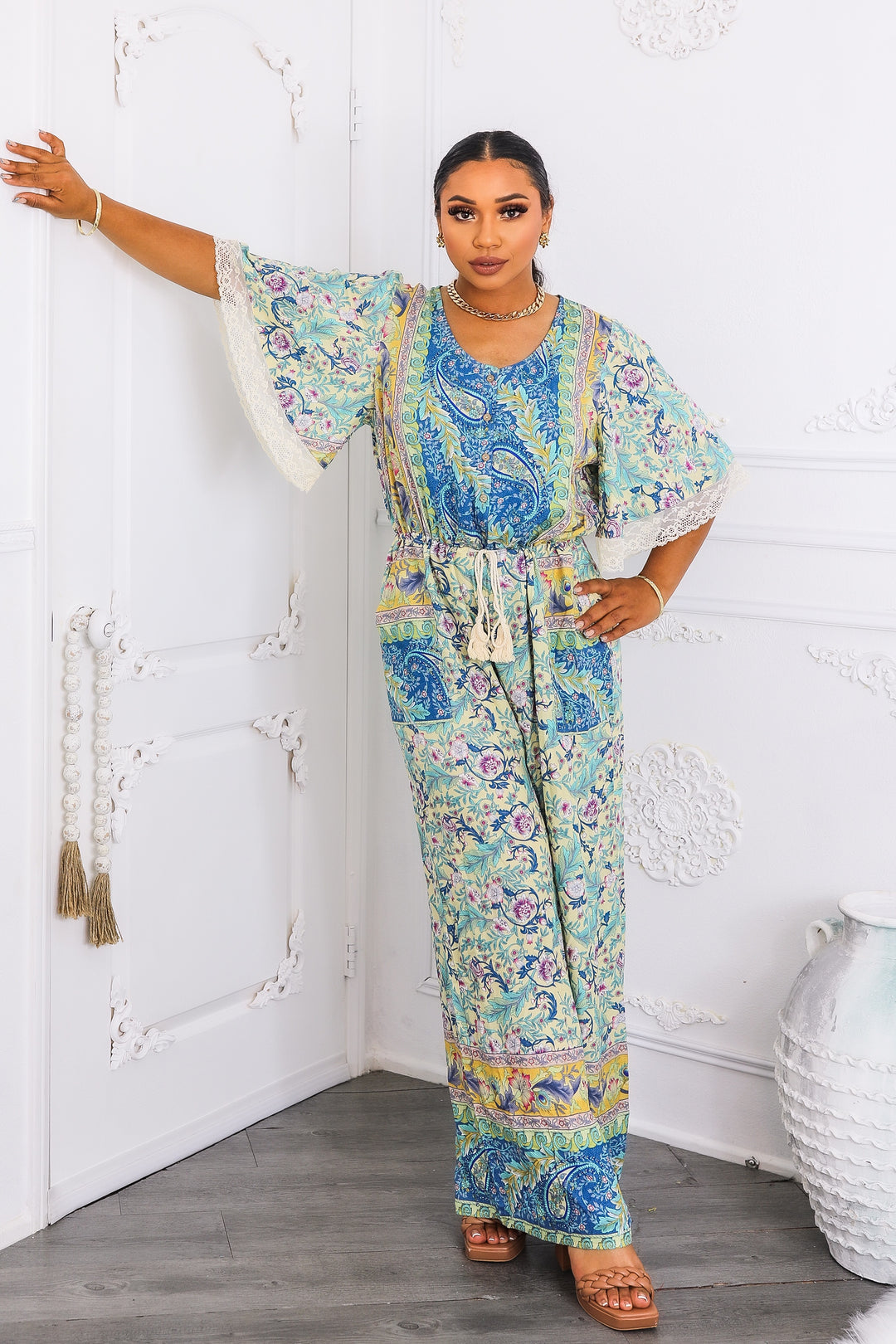 Boho Floral Print Jumpsuit with Lace Trim Sleeves