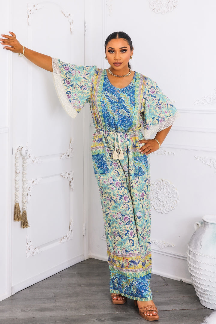 Boho Floral Print Jumpsuit with Lace Trim Sleeves