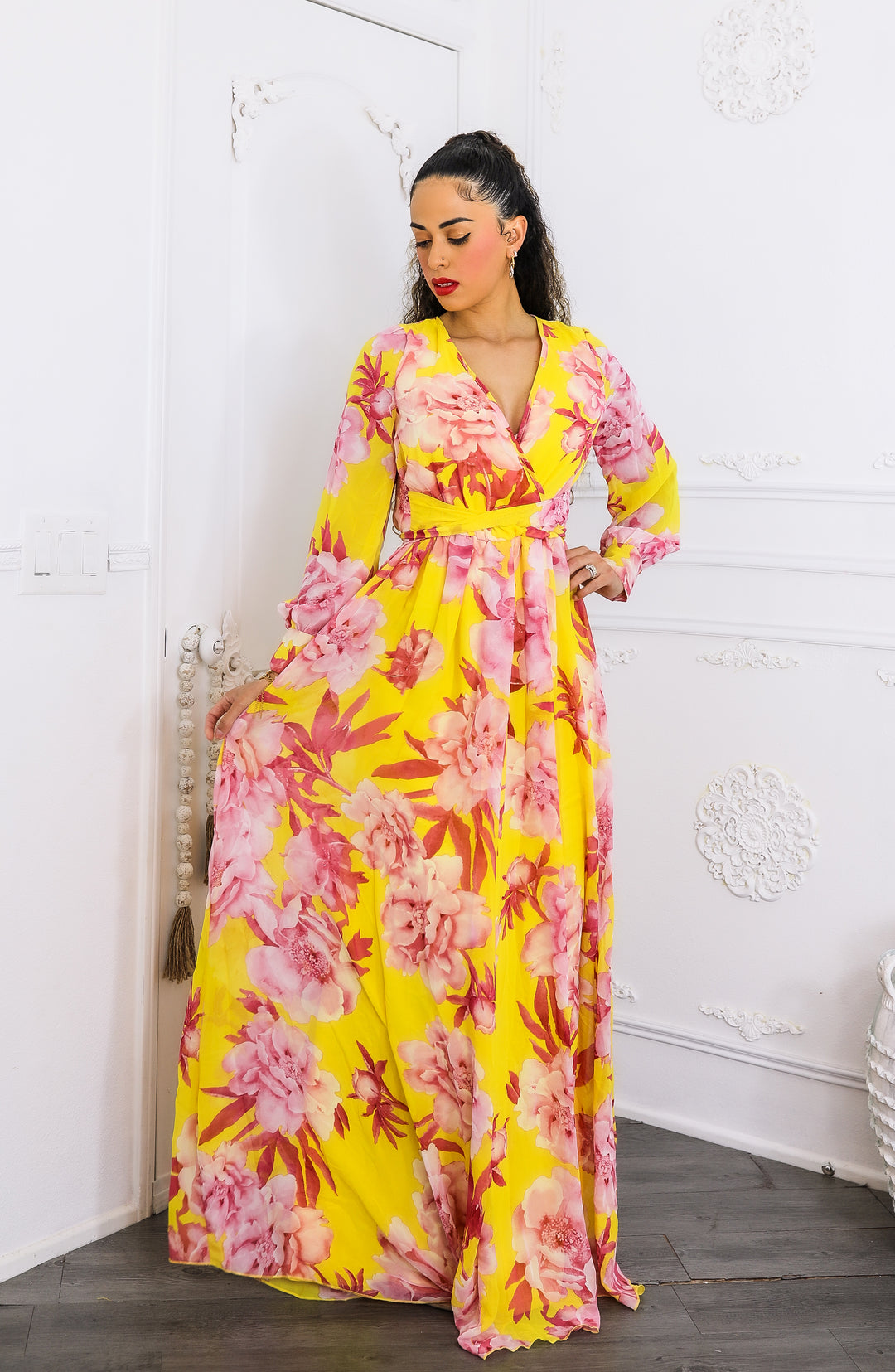 Sunset Bloom Maxi Dress – Yellow & Pink Floral Wrap Dress