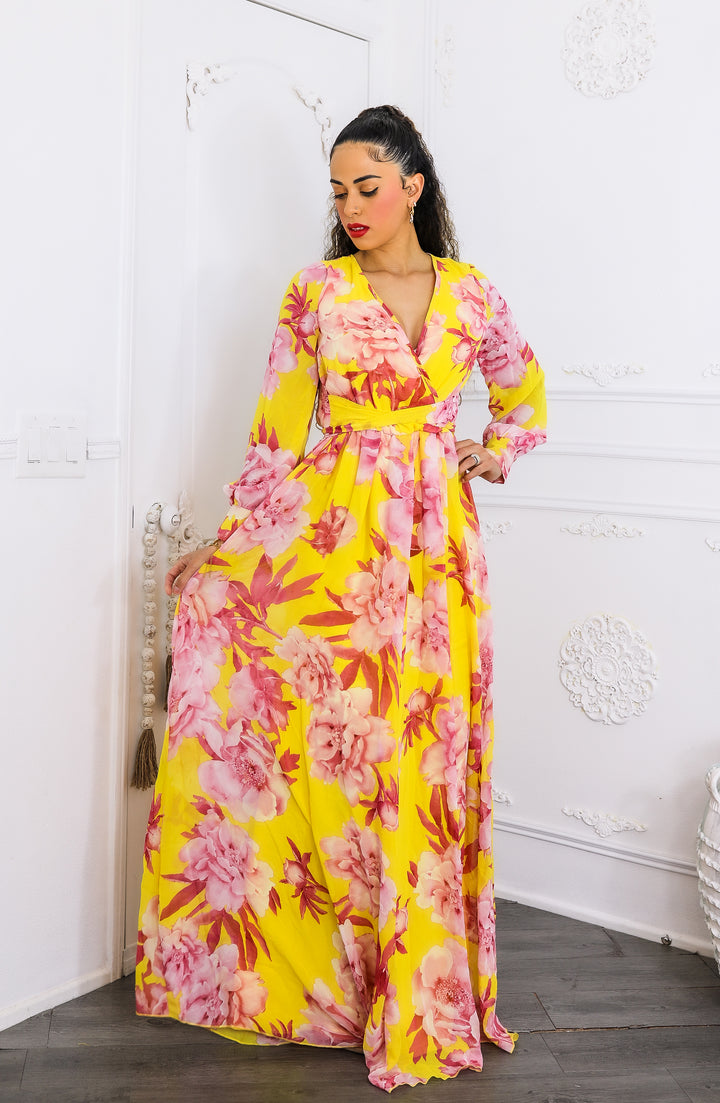 Sunset Bloom Maxi Dress – Yellow & Pink Floral Wrap Dress