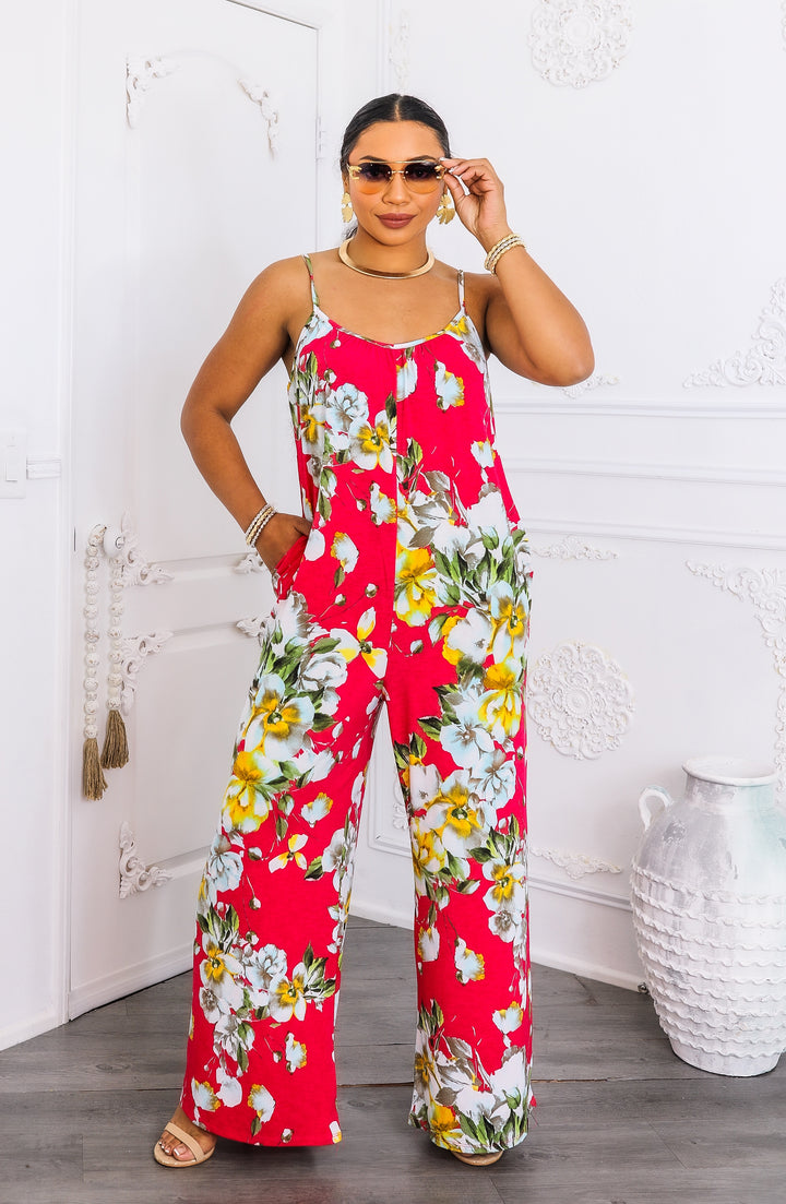 Red Tropical Floral Jumpsuit – Wide-Leg