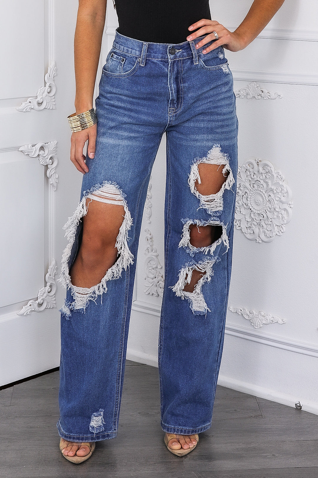 Sweet Talker Ripped Hi Rise Relaxed Wide Leg Skater Look Jeans