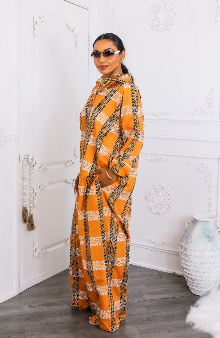 Oversized Orange Tribal Print Button-Up Kimono Jumpsuit