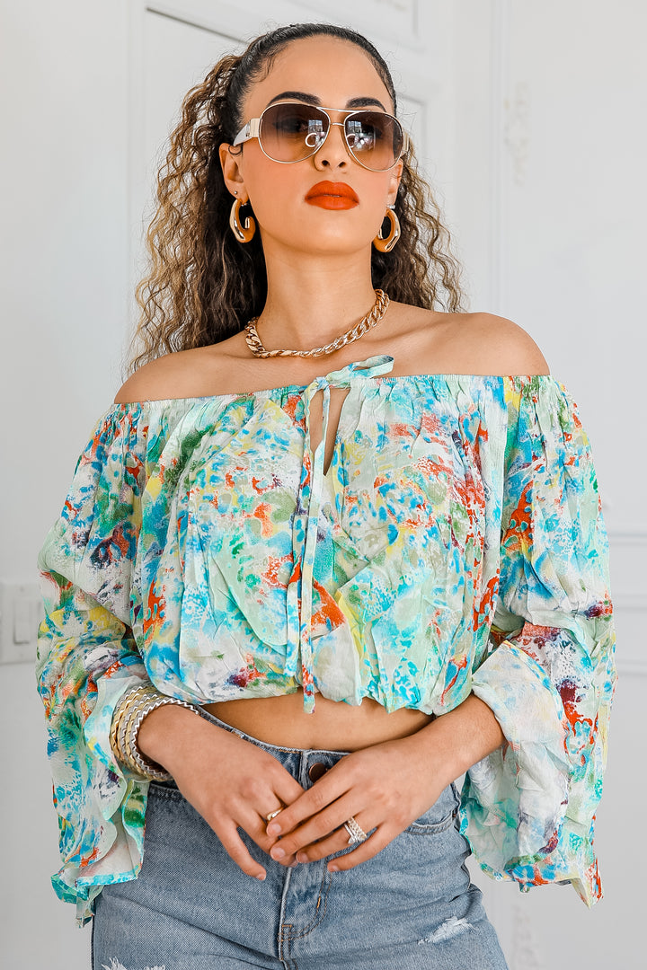 Whimsical Garden Off-Shoulder Chiffon Blouse