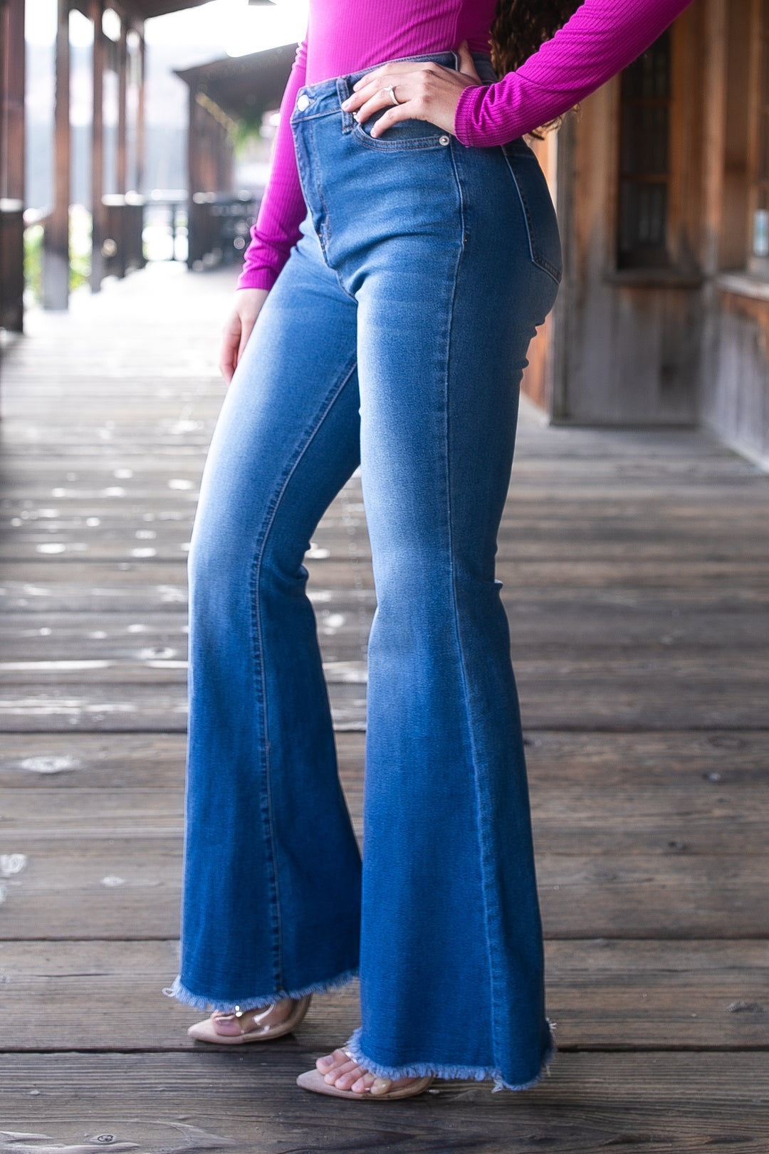 High Waisted Flare Jeans – Medium Wash Stretch Denim Pants