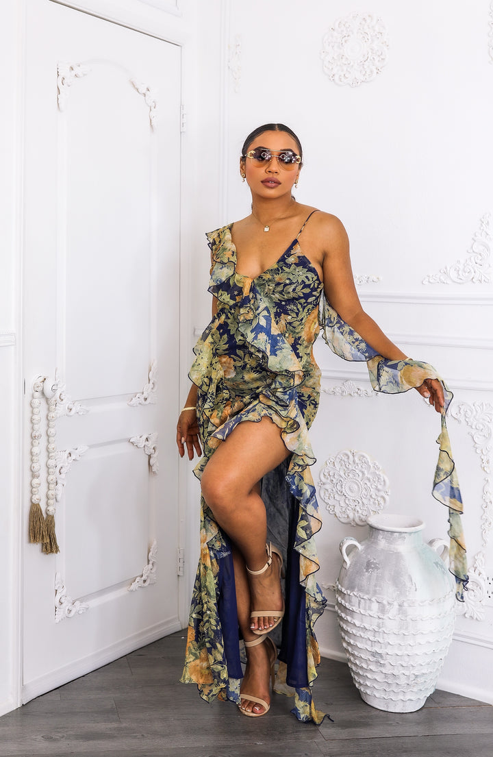 Floral Ruffle Maxi Dress with Slit