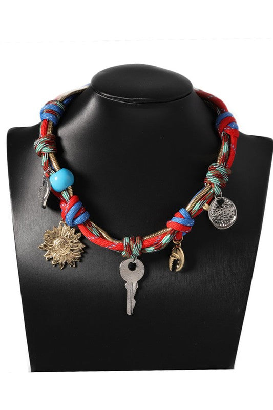 Boho Braided Rope Necklace with Key & Charm Pendants