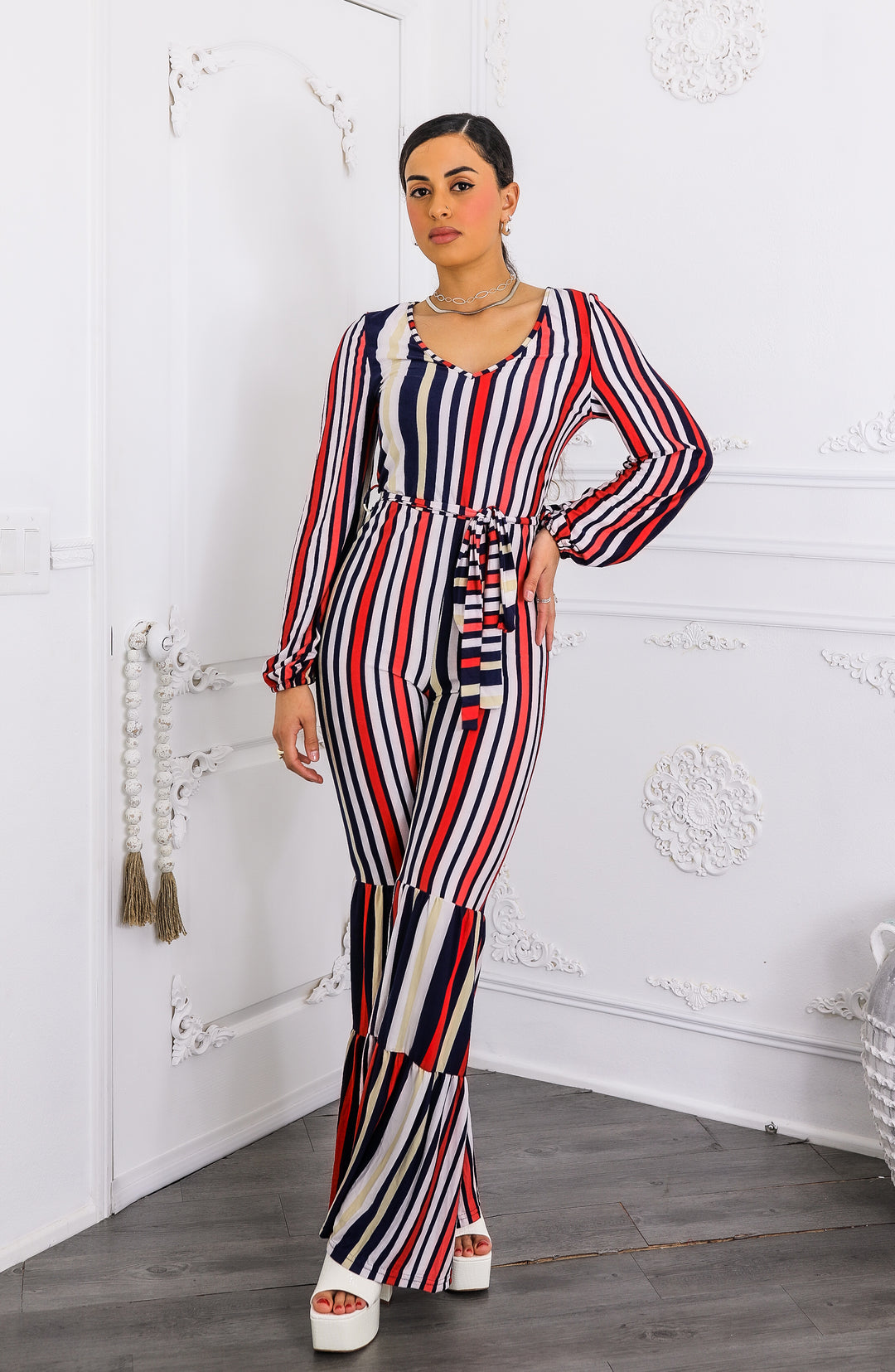 Striped Flare-Leg Jumpsuit with Tie Waist & Long Sleeves