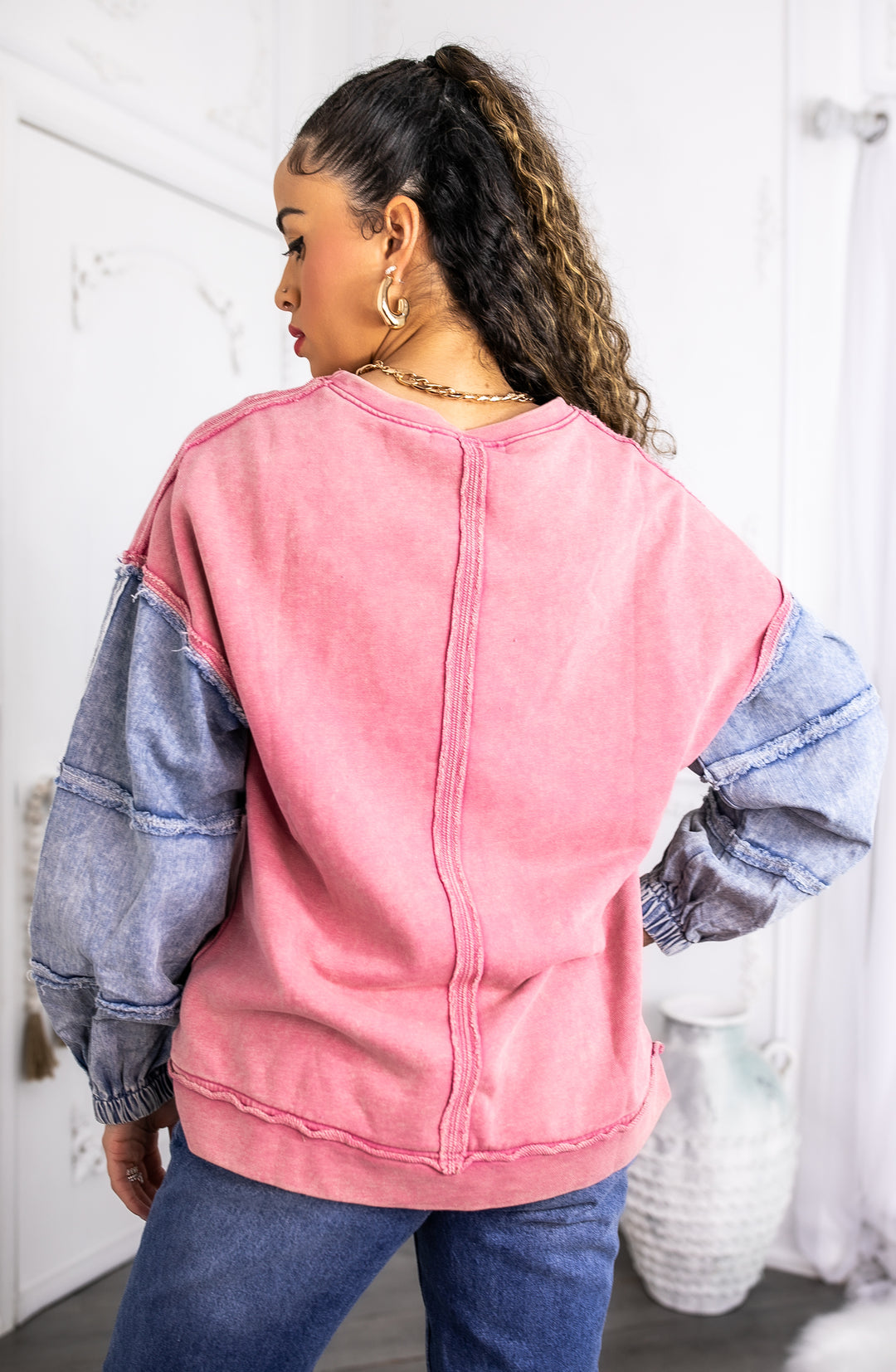 Pink Denim Patch Sleeve Sweatshirt – SurelyMine Fit Exclusive