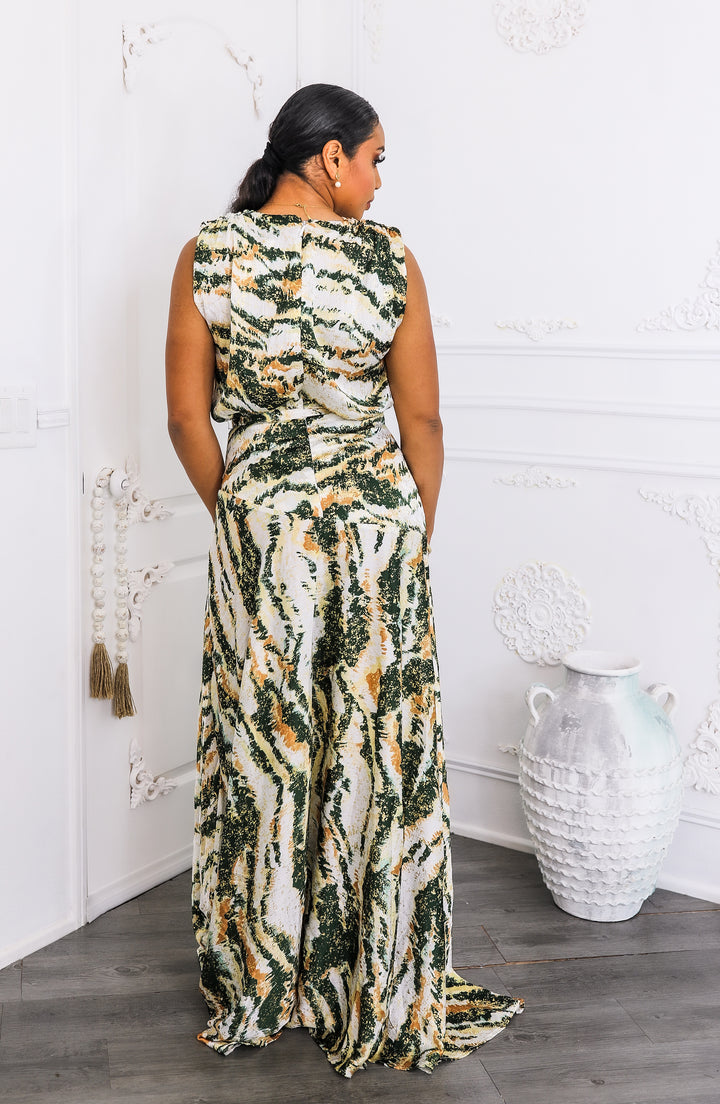 Abstract Print Maxi Dress – Plunge Wrap Front with Slit