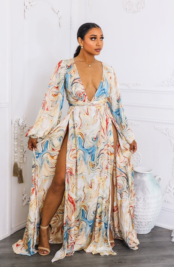 Marble Swirl Kimono Maxi Dress with Slits – Boho Resort Style