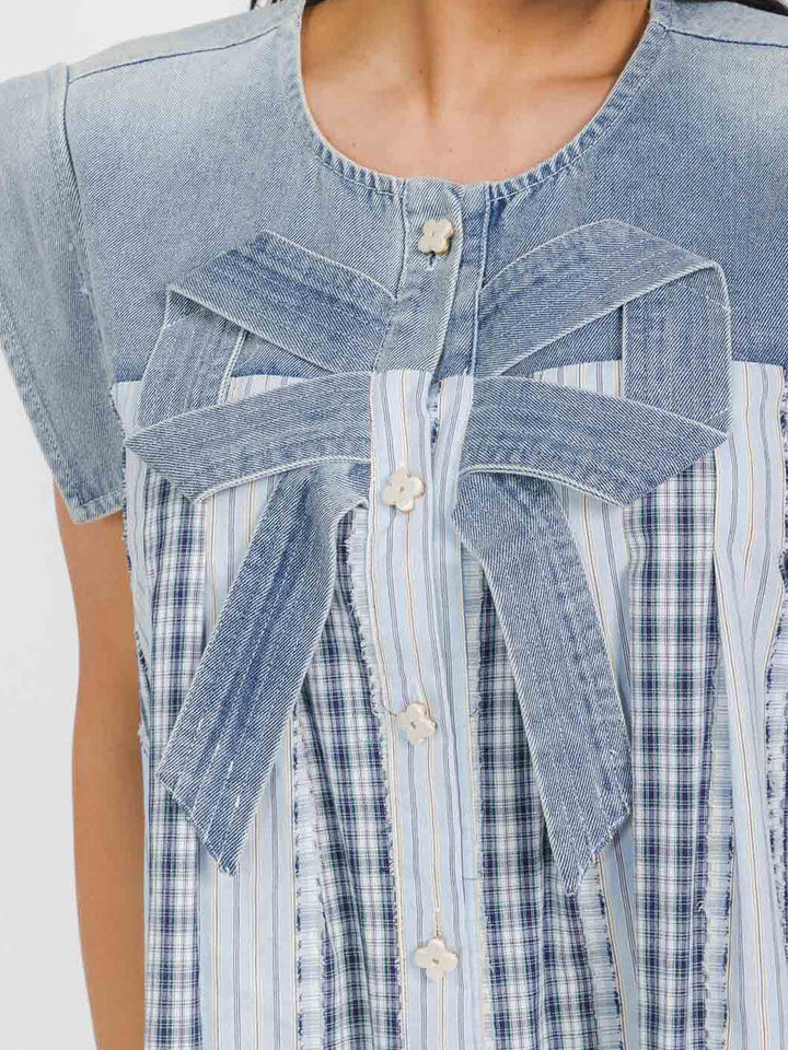 Denim Bow Plaid Tunic Top