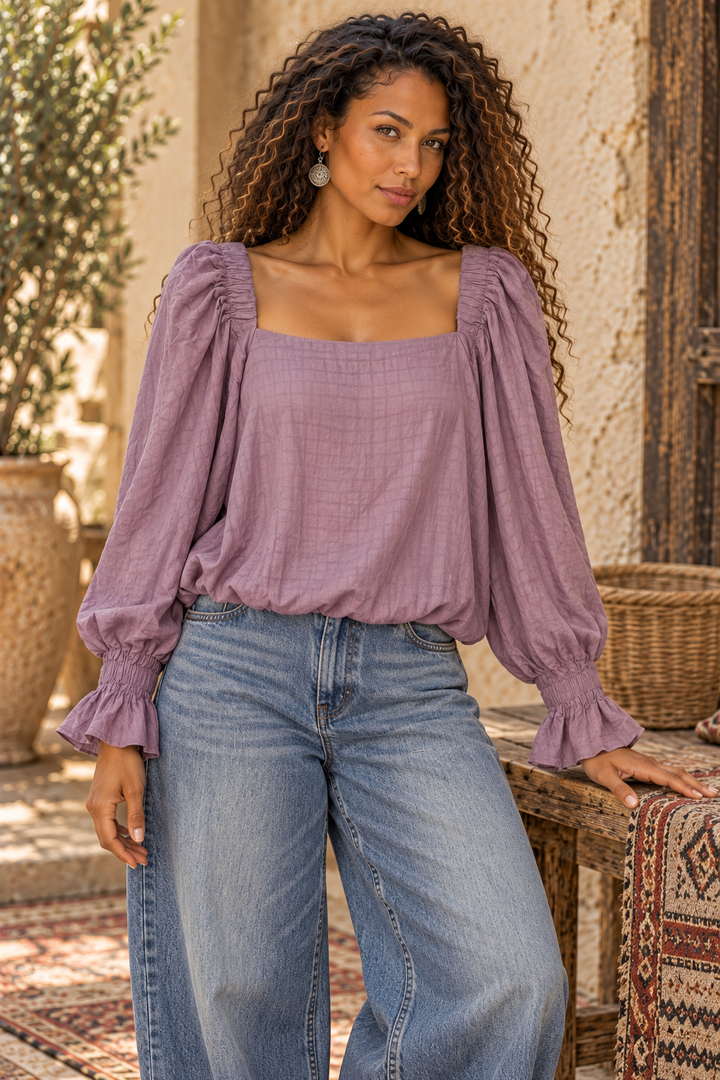 Square Neck Balloon Sleeve Boho Top – Smocked Ruffle Cuff Blouse