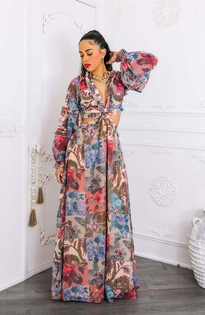 Patchwork Floral Maxi Dress – Plunge Ruffle Cutout Style