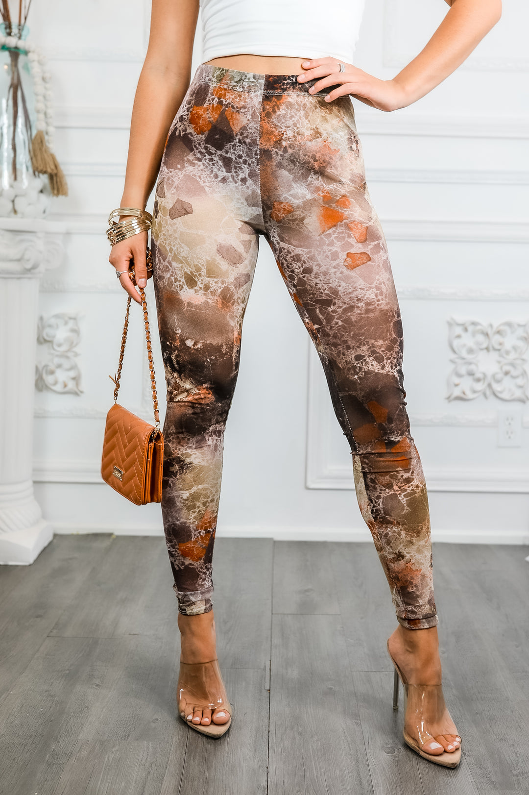 Brown Marble Print Mesh Leggings – High Waisted Sheer Stretch Pants