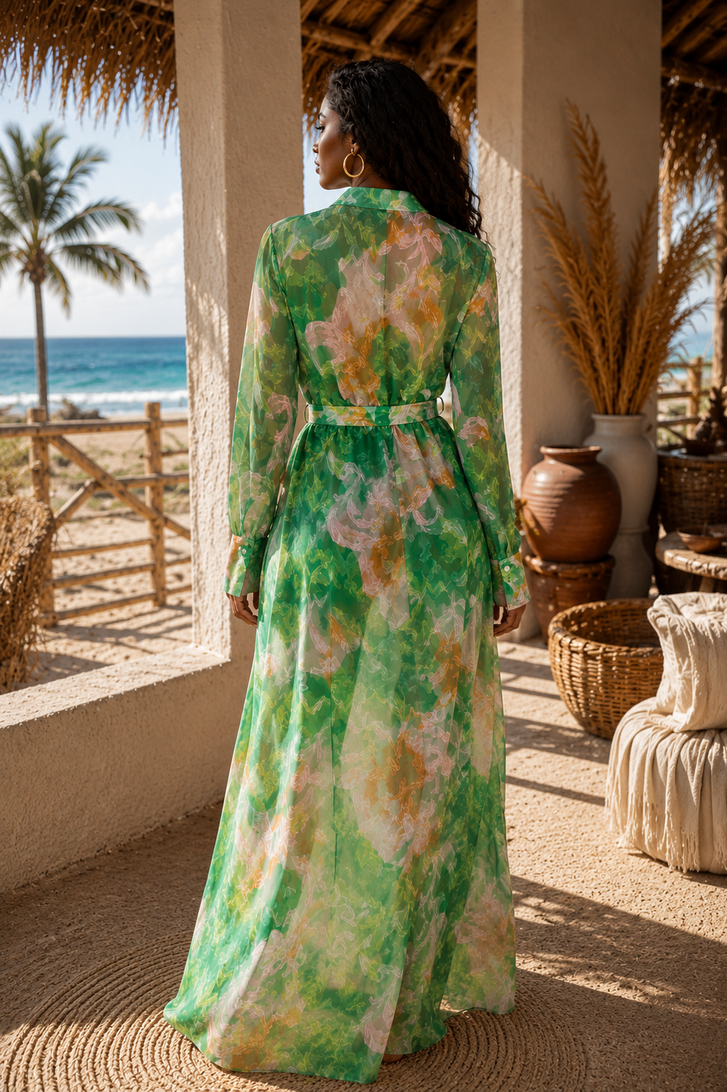 Sheer Green Floral Print Long Sleeve Wrap Maxi Dress