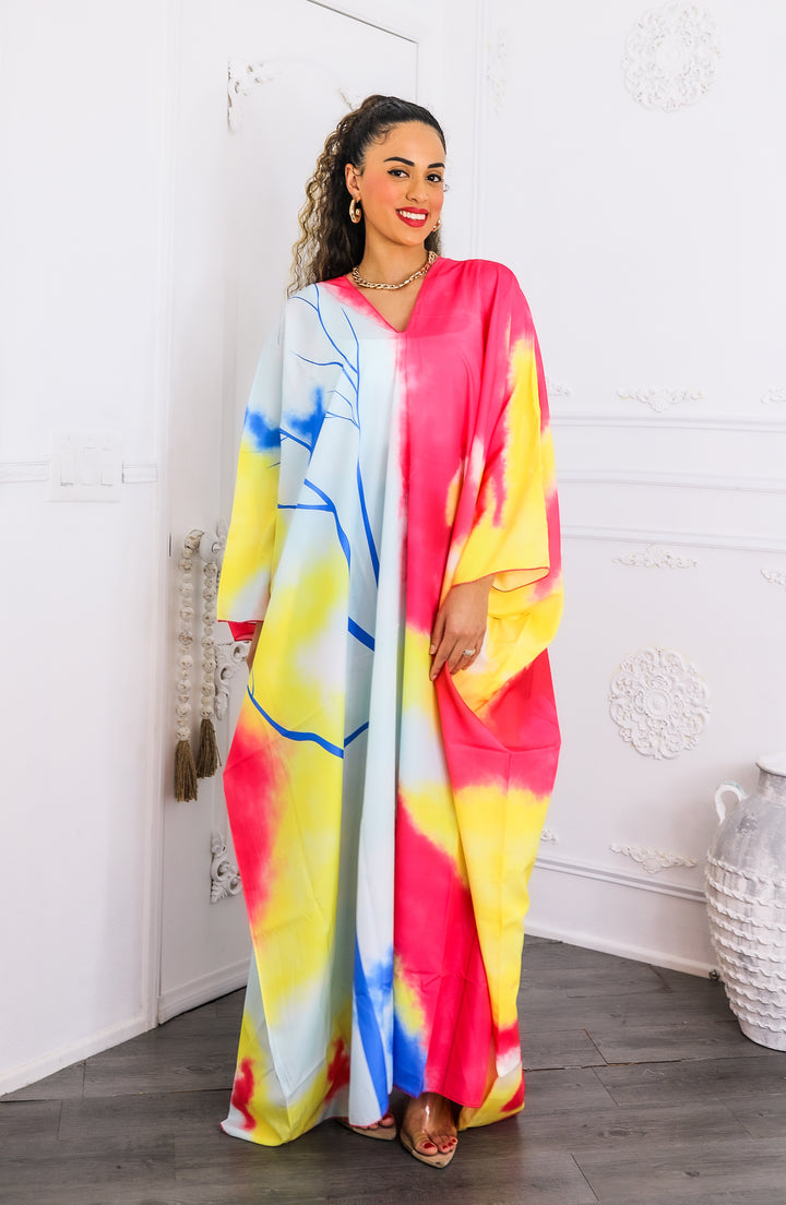 Colorburst Abstract Kimono Maxi Dress – Flowy V-Neck Style