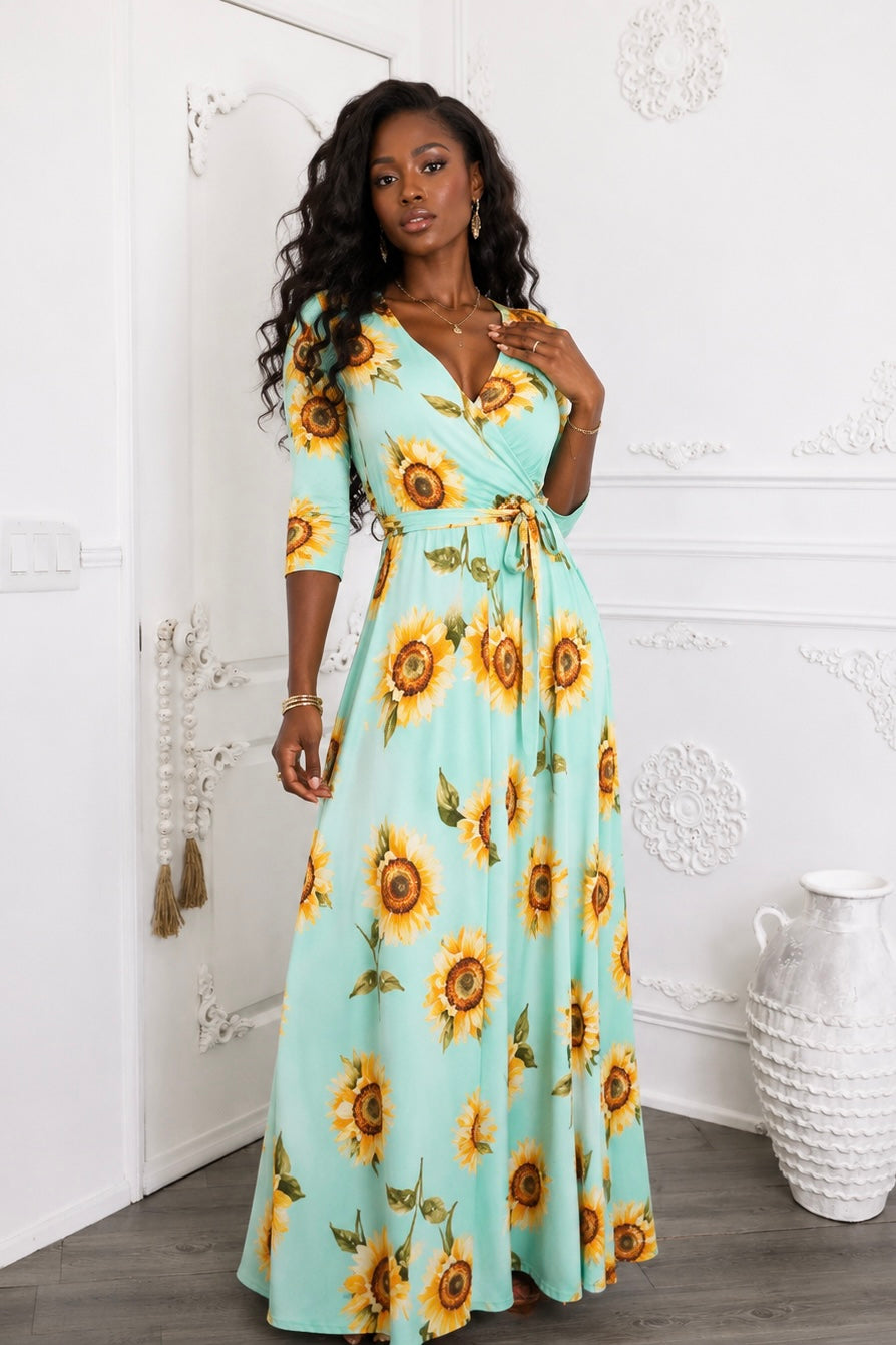 Mint Sunflower Wrap Maxi Dress