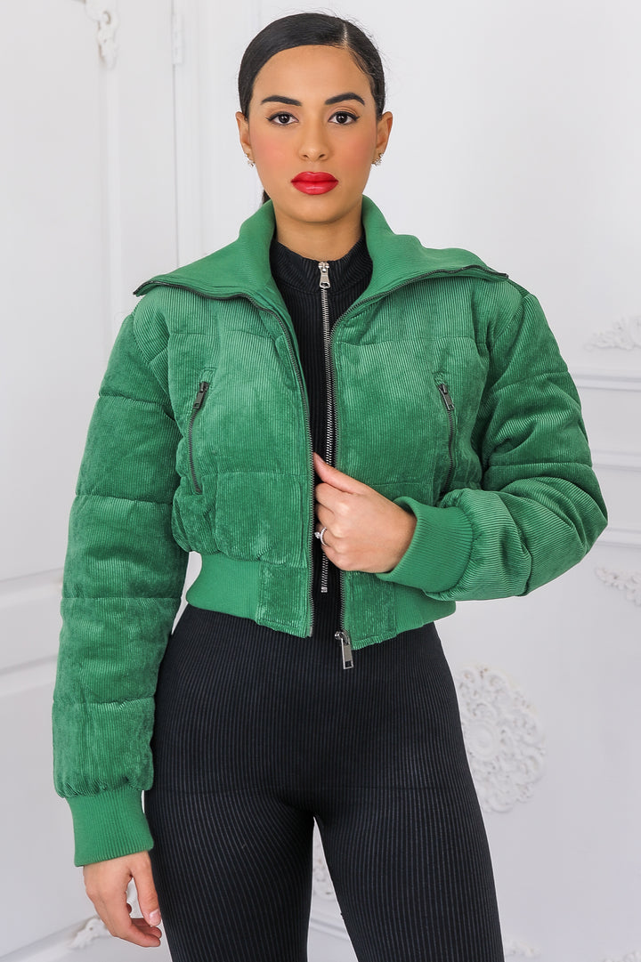 Keep Up With Me Crop Corduroy Full Zipper Puffer Jacket