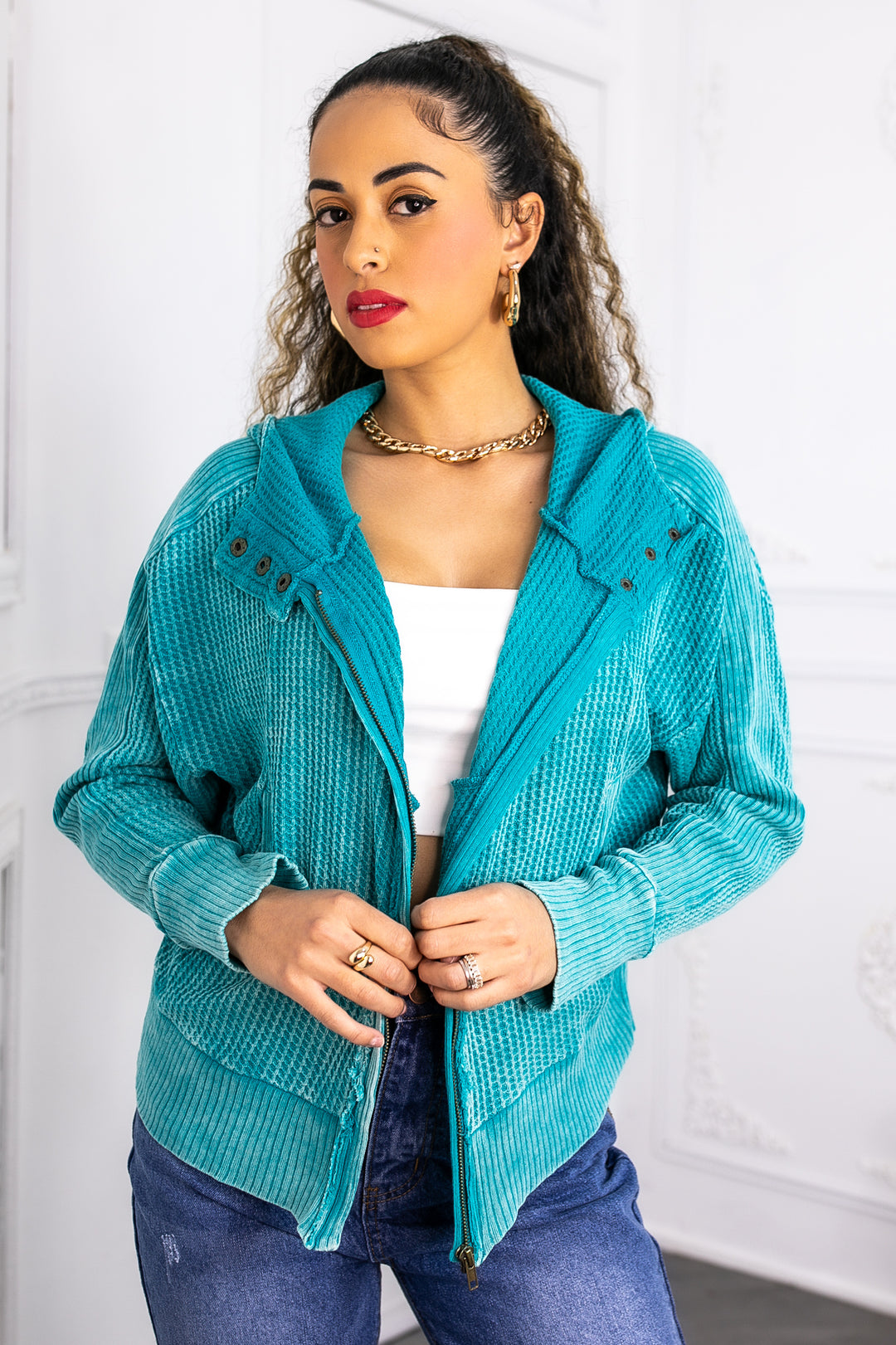 Mineral Wash Waffle Knit Zip Hoodie (3 Colors)