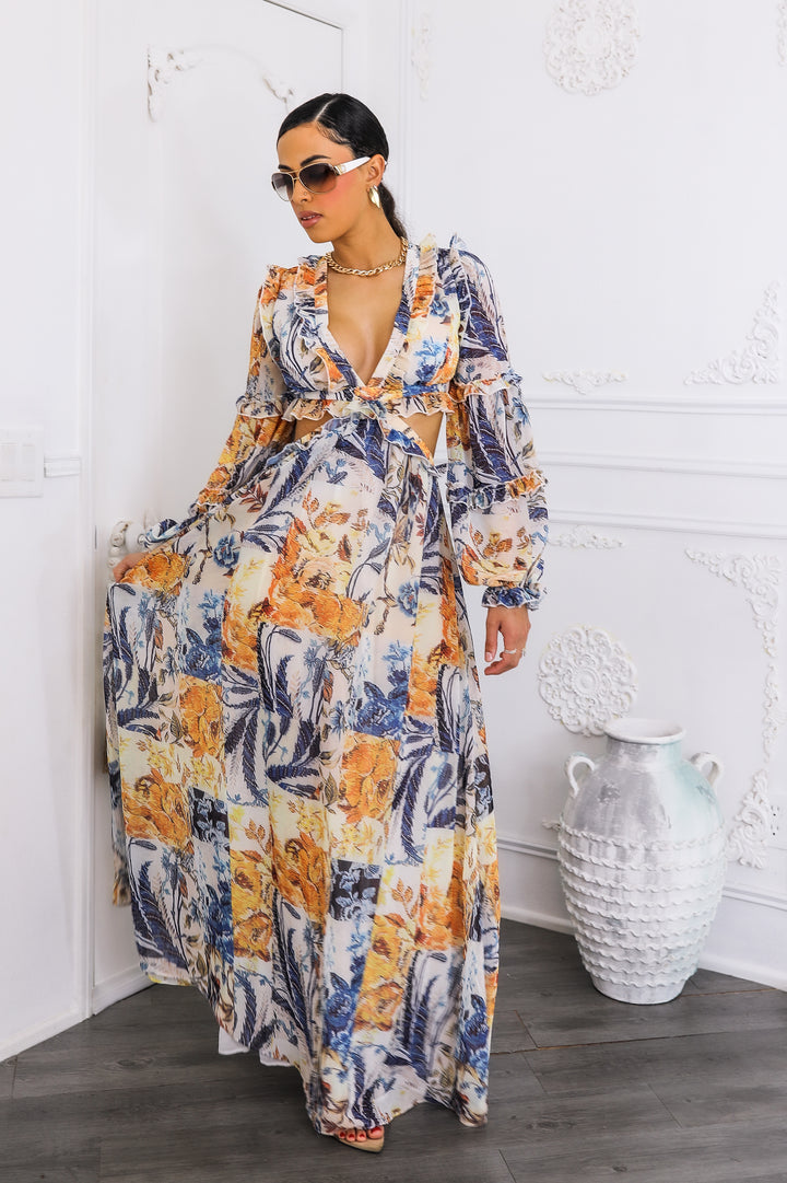 Boho Cream Floral Cutout Lace-Up Maxi Dress