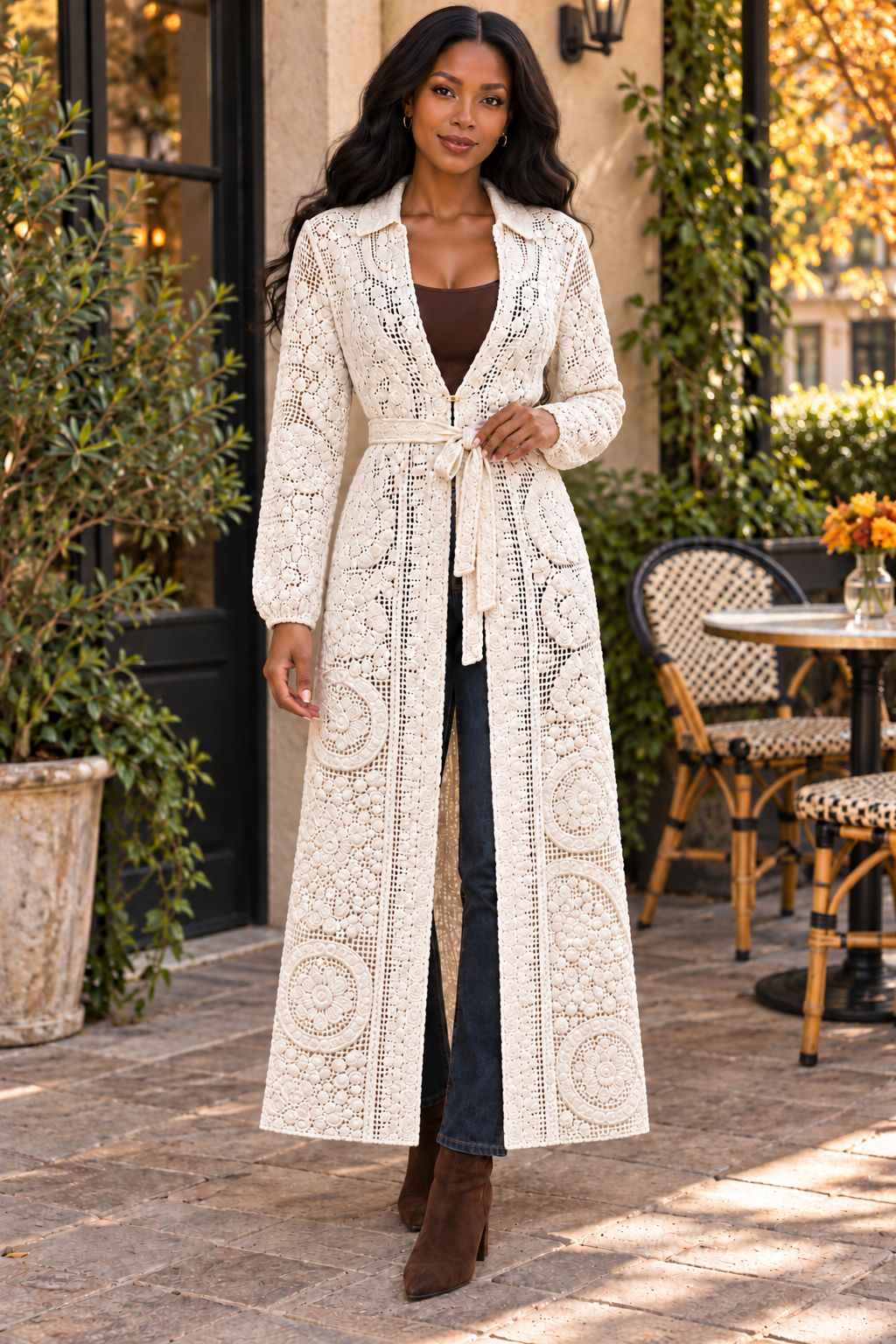 Crochet Lace Maxi Duster Cardigan – Cream Belted Boho Cover-Up
