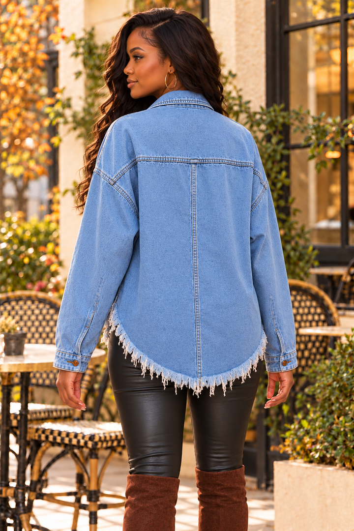 Cropped Boyfriend Denim Jacket – Light Wash Frayed Hem Trucker