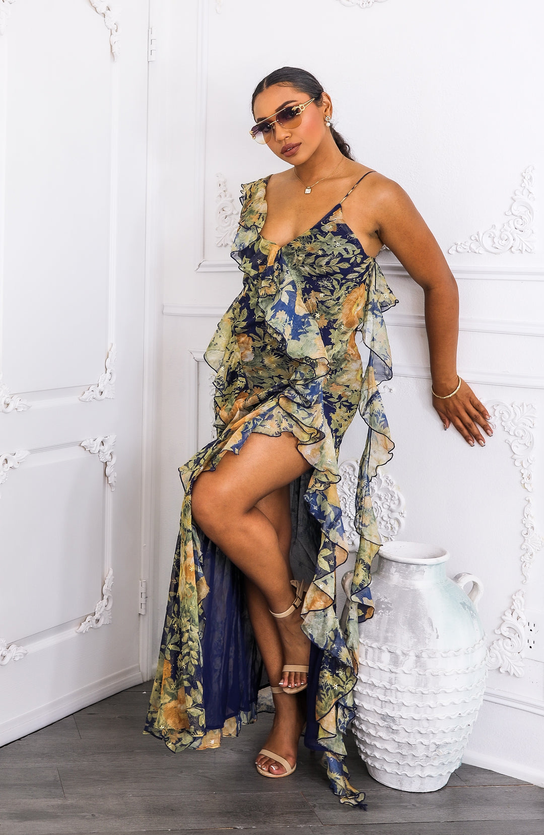 Floral Ruffle Maxi Dress with Slit