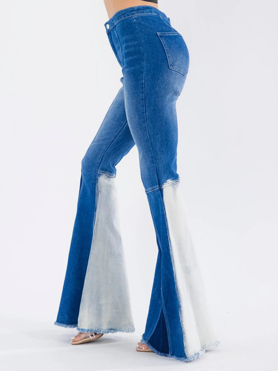 High Rise Two-Tone Flare Jeans with Frayed Hem