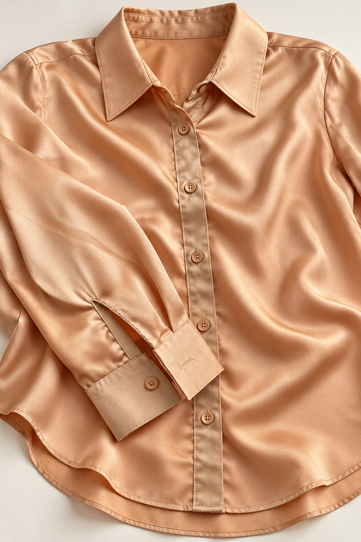 Classic Satin Button Down Shirt – Tan Camel Oversized Blouse