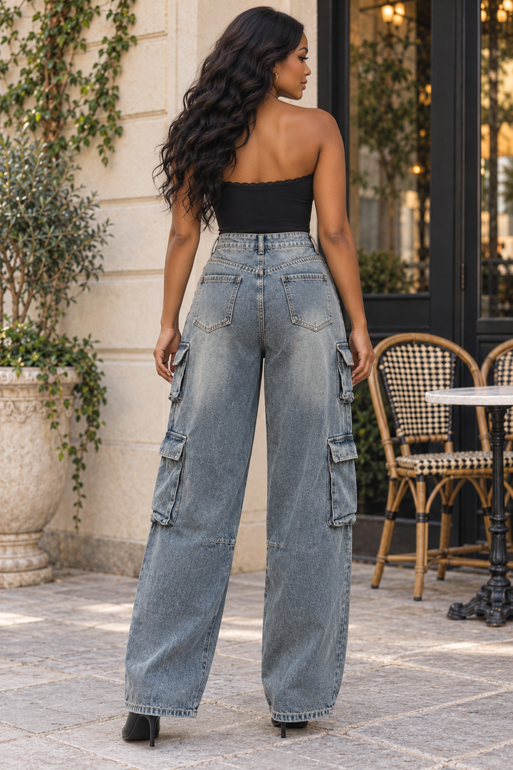Oversized Cargo Jeans – Vintage Wash Multi Pocket Baggy Denim