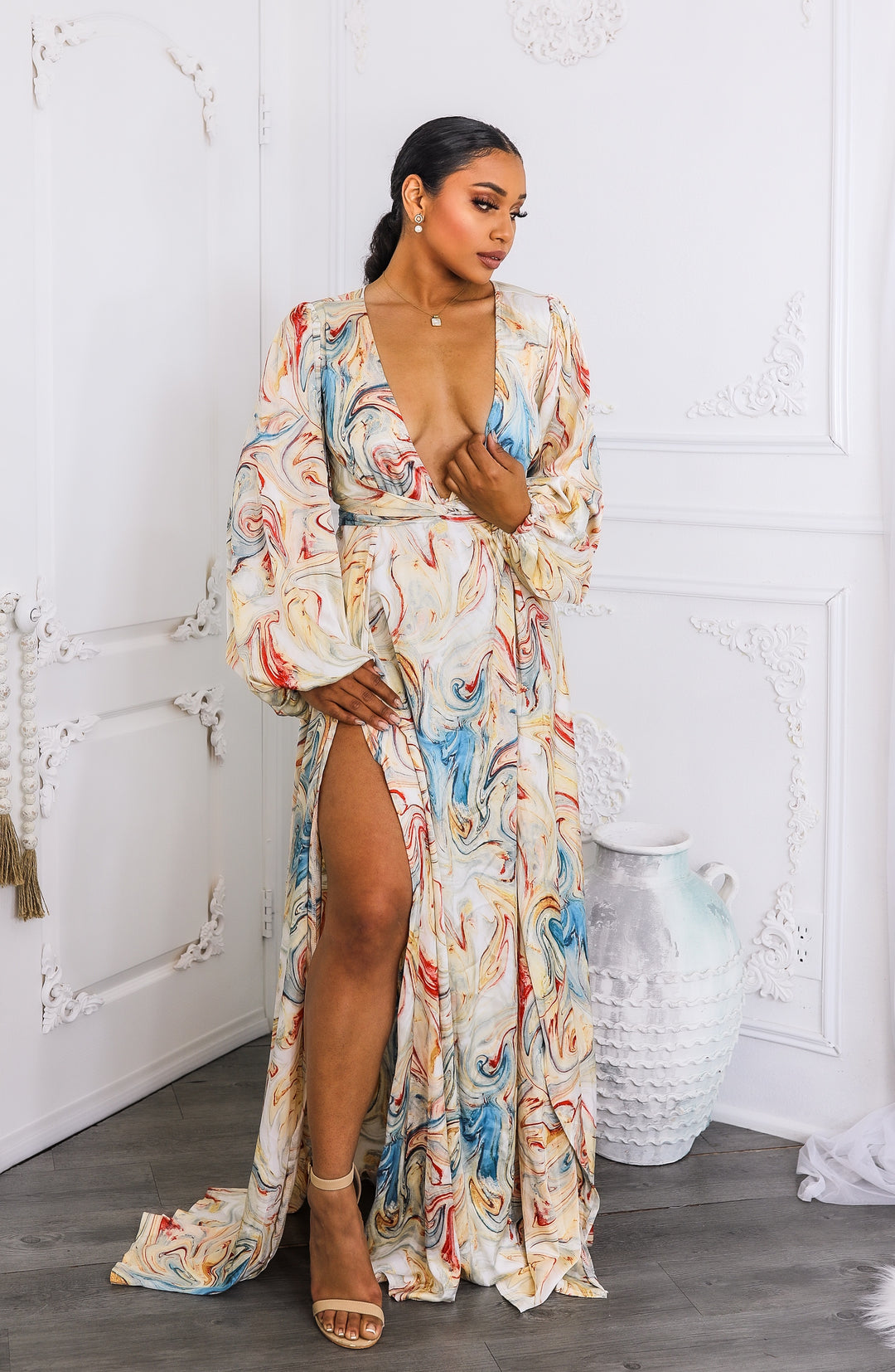Marble Swirl Kimono Maxi Dress with Slits – Boho Resort Style