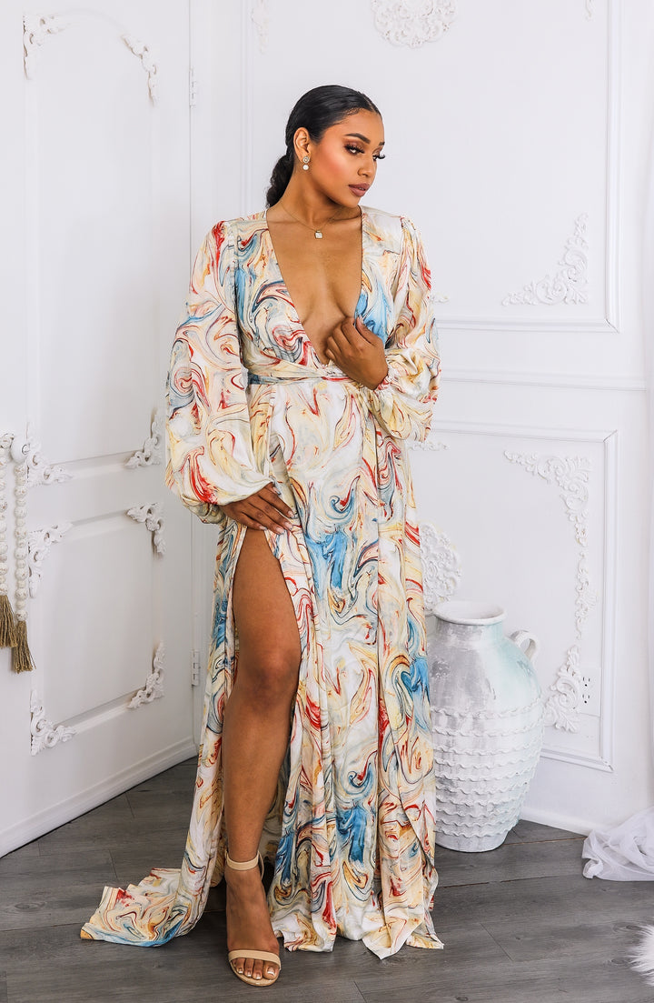 Marble Swirl Kimono Maxi Dress with Slits – Boho Resort Style