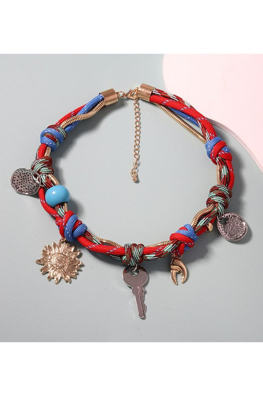 Boho Braided Rope Necklace with Key & Charm Pendants